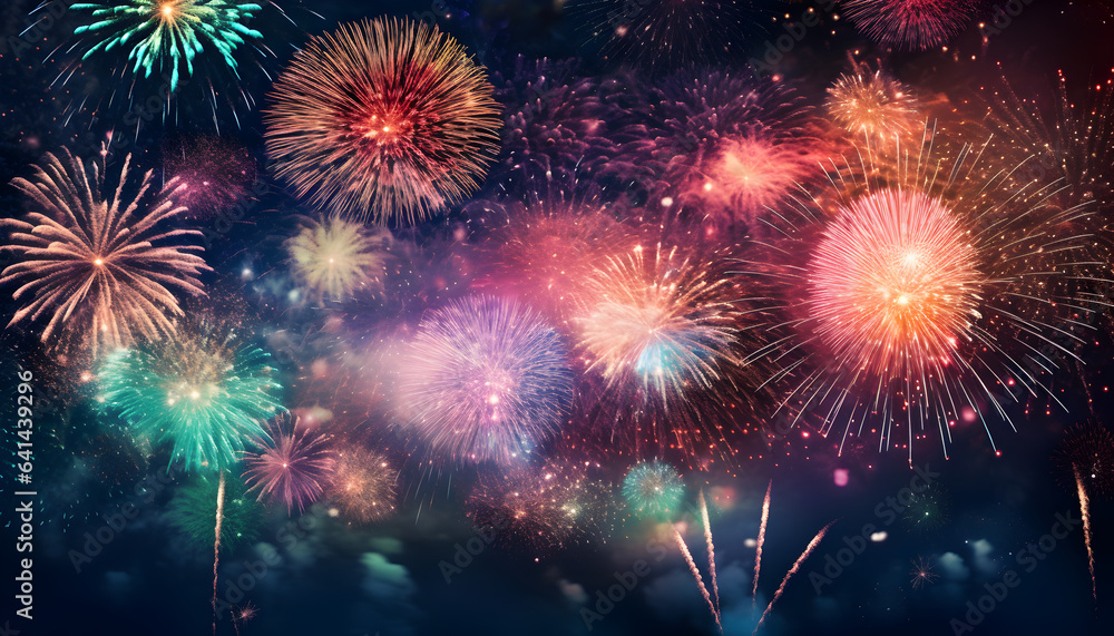 Fototapeta premium Silvester celebration with colorful fireworks on New Year's Eve - Generativ AI