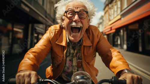 Energetic joyful and smiling elderly man riding bicycle. Generative AI photo