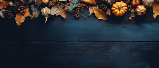 Still life with autumn leaves, pumpkins, cones on blue wooden table. Flat lay, top view. Generative AI