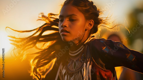A dynamic Cherokee youth participates in a spirited tribal dance, radiating energy and embodying the vibrant cultural movement and tradition.