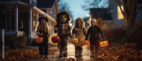 Little kids with jack o lanterns wearing Halloween costumes walking on the street. Generative AI