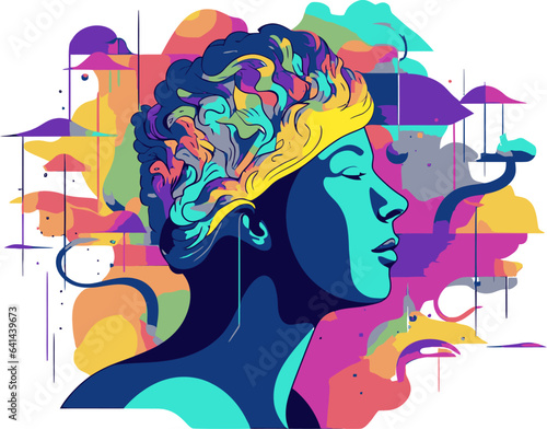 Brainstorm, emotional intelligence, man profile head with brain and colored splashes around, psychology, mental health.