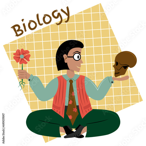 Modern biology teacher teaches lesson sitting on the floor. Botanist professor compares the life of flower and human being. Flat vector illustration.