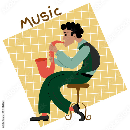 Music teacher teaches children how to play the saxaphone. Jazz musician playing his music. Music school. Flat vector illustration.