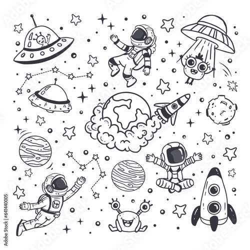 set of cosmos in doodle style: astronaut, planets, stars, ufo, rocket and alien, monster for design. Science space exploration. Vector illustration