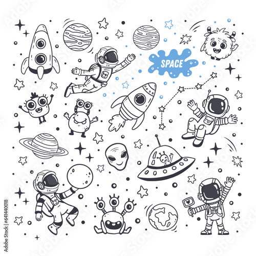 set of cosmos in doodle style: astronaut, planets, stars, rocket and alien, monster for design. Science space exploration. Vector illustration
