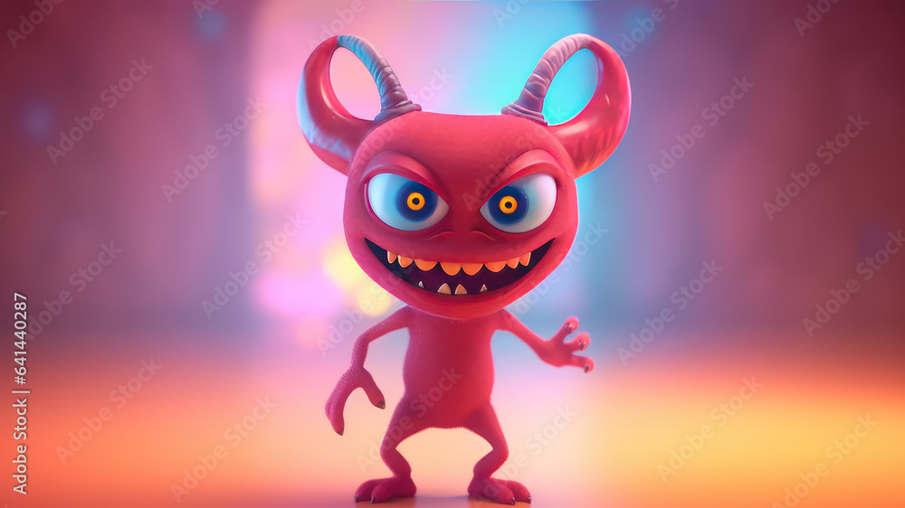 3d cute mascot cartoon character red evil ,isolated on pastel blurred background, design for greeting card, halloween theme