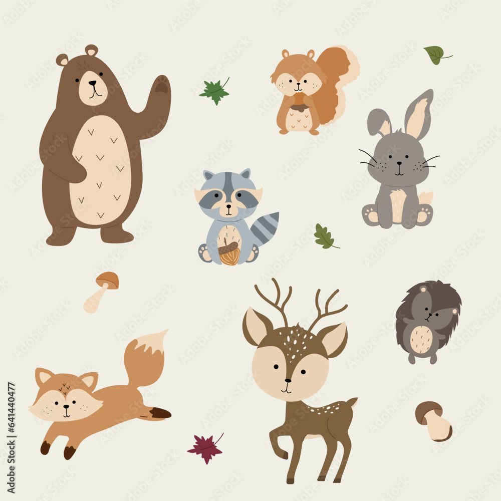 Cute forest animals in cartoon style. Nature forest. 
Bear, fox, squirrel, hedgehog, hare, raccoon. Vector illustration
