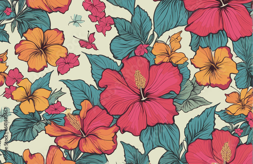 a blue background with pink and yellow flowers  a silk screen maximalism  wallpaper  repeating pattern  made of flower