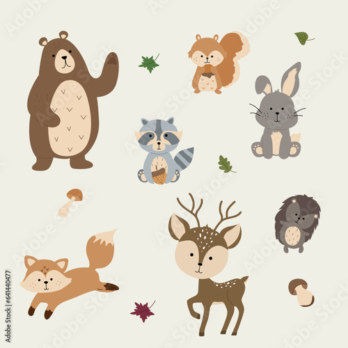 Fototapeta Naklejka Na Ścianę i Meble -  Cute forest animals in cartoon style. Nature forest. 
Bear, fox, squirrel, hedgehog, hare, raccoon. Vector illustration
