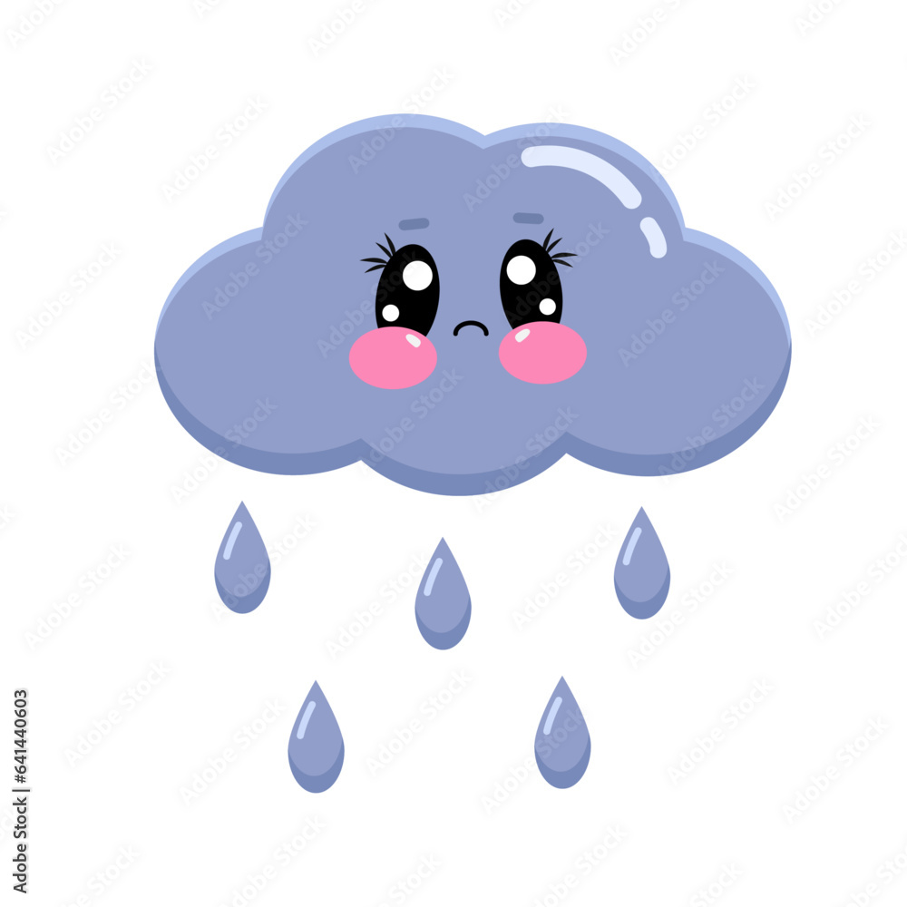Cartoon kawaii funny cloud with sad face and falling rain drops. Cute baby character. Vector illustration isolated on white background for kids Cartoon kawaii funny cloud with sad face and falling rain drops. Cute baby character. Vector illustration isolated on white background for kids