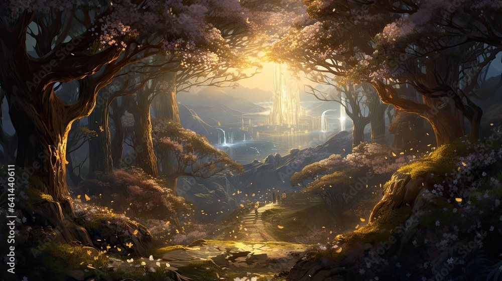 People standing on a pathway in an epic fantasy forest, forest scenery, illustration