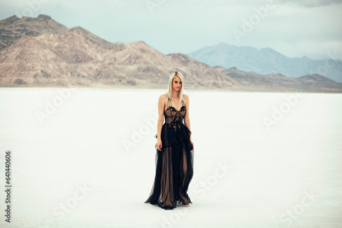 Beautiful Blonde Women Posing in Black Dress At Utah Salt Flats