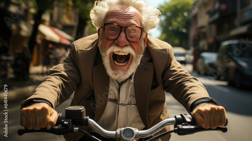 Energetic joyful and smiling elderly man riding bicycle. Generative AI