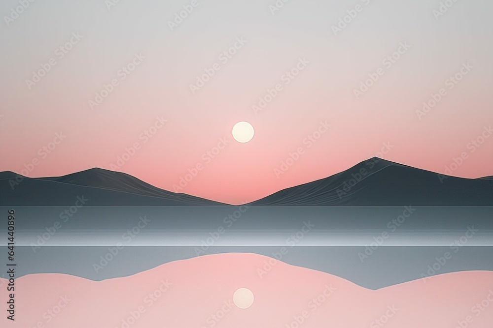 3 d render, empty space, scene with mountain, sun, sea, sky, sun and mountains, landscape, sunset, s