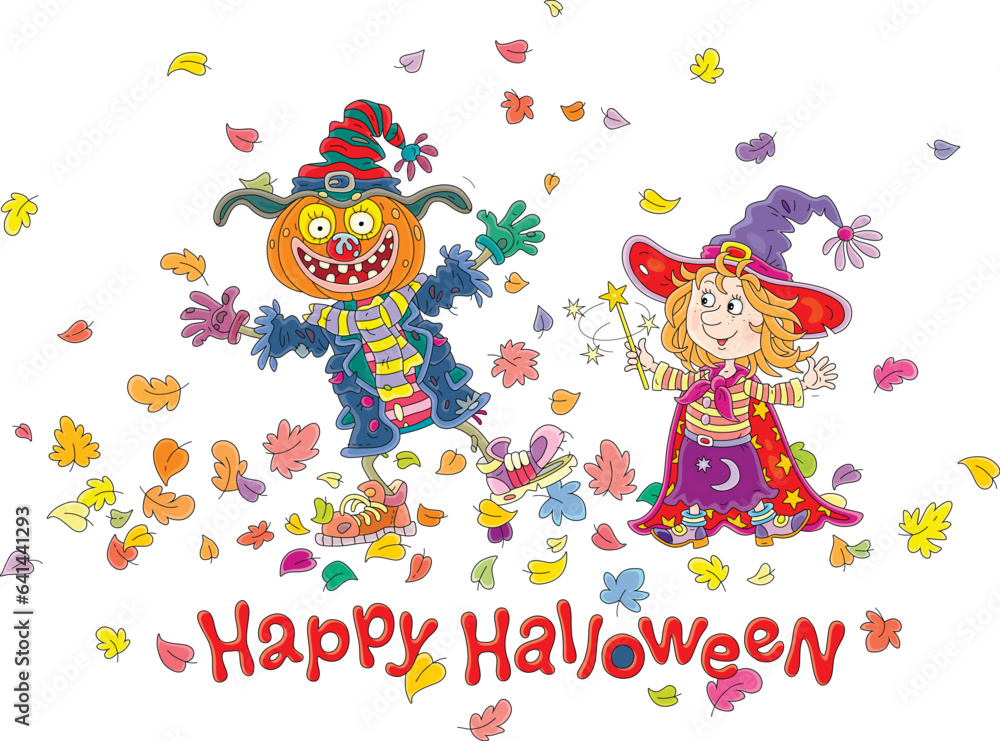 Fototapeta premium Halloween card with a happy little witch waving her magic wand and a funny scarecrow dancing among colorful autumn leaves swirling around, vector cartoon illustration on white