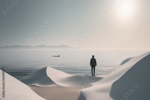 silhouette of man on the beach with sunsetsilhouette of man on the beach with sunseta 3 d rendering  photo
