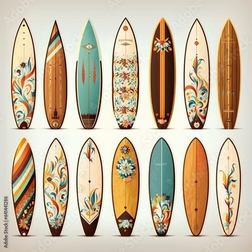Collection of vintage wooden longboard surfboards