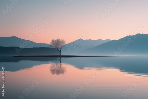 a beautiful shot of a lake in the mountains during the sunrisea beautiful shot of a lake in the moun photo