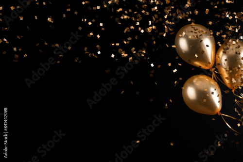 Gold balloons with gold confetti falling down over black background. Festival and joyful mood. Christmas, New Year, birthday or wedding celebration.