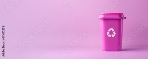 Pink plastic recycle bin eco banner with copy space isolated on blue background