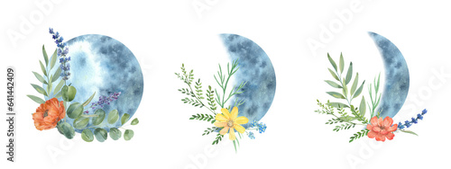 Watercolor moon phases with flower composition. Floral Crescent, new moon. Bohemian style. Celestial illustration. Astrology clipart.