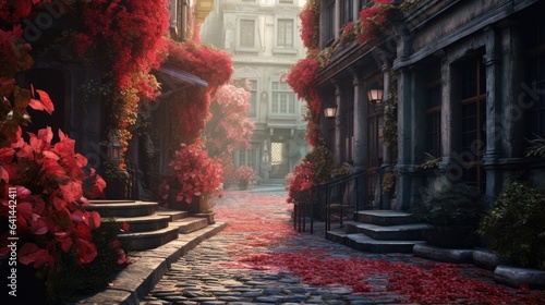 In autumn, European streets come alive with decorative red-hued flowers on decorative columns. The cinematic atmosphere, shrouded in transparent air and pink haze, gives the scene a touch of magic. © pvl0707