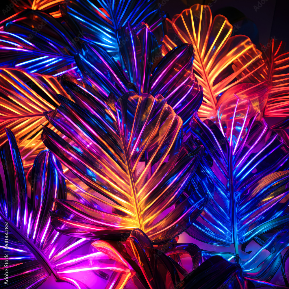 Fototapeta premium Summer neon background, cyber purple, vivid colors of lights on palm leaves. Cyberpunk tropical exotic flat lay background.