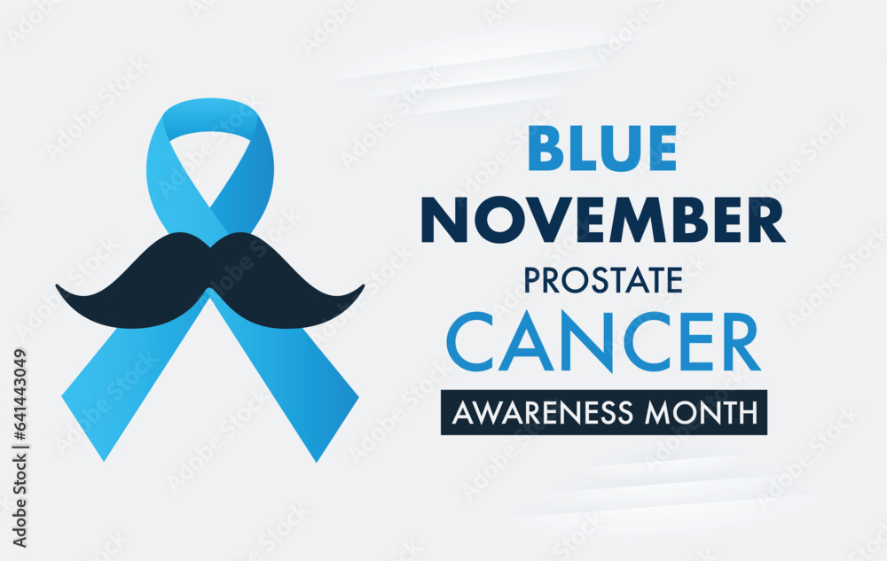 Blue November, Prostate Cancer awareness month , Prostate cancer awareness ribbon with moustaches. Men health symbol. Men cancer prevention in November month. Blue November, Prostate Cancer awareness month , Prostate cancer awareness ribbon with moustaches. Men health symbol. Men cancer prevention in November month.