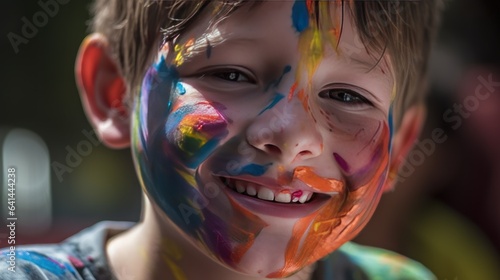 Portrait of a little boy with a face painted in colorful paints