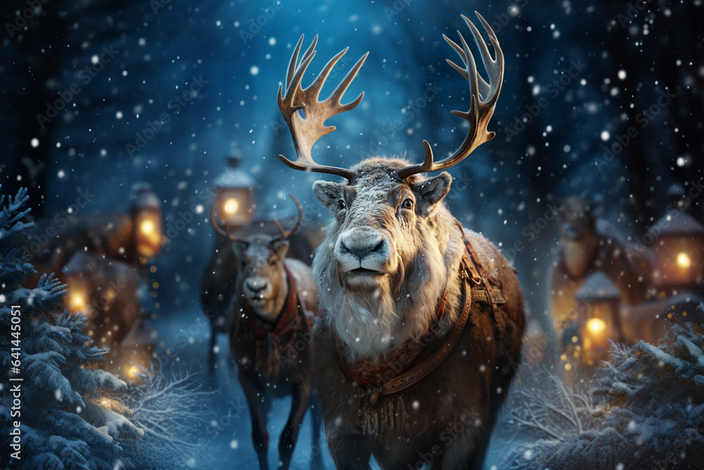 fairy reindeer in snow ,christmas lights background fairy reindeer in snow ,christmas lights background