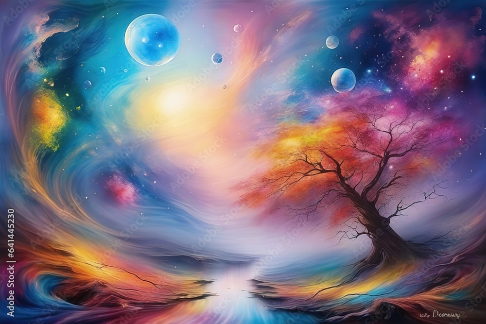 abstract painting of the sky, colorful clouds, stars and trees on the canvasabstract painting of the