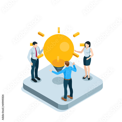isometric people stand around a large luminous light bulb in color on a white background, searching for an idea for business or teamwork