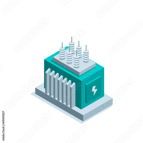 isometric transformer box in color on a white background, electrical equipment or electricity networks and clean energy