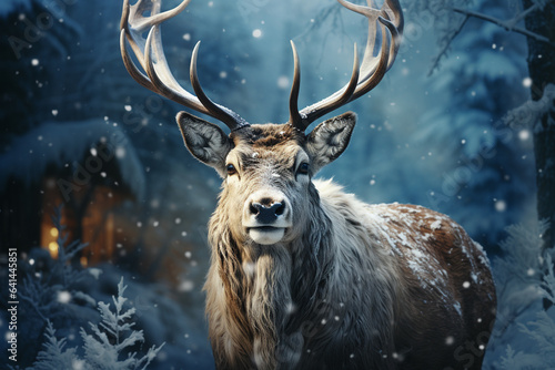 fairy reindeer in snow ,christmas lights background