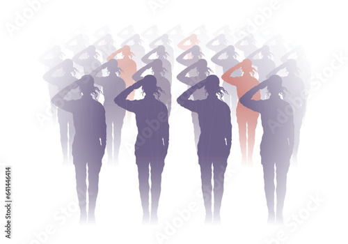 Armed forces. Female soldier salutes. Wounded and killed military