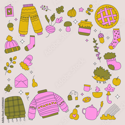 Autumn frame. Vector linear illustration in doodle style. Editable stroke. Clothes, leaves details that betray the mood of autumn. Cartoon cute clipart elements