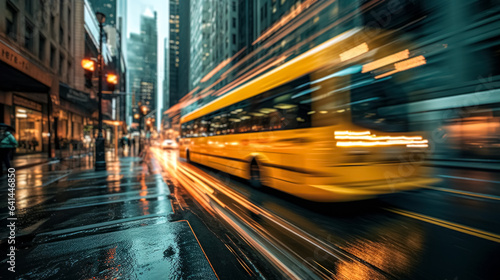 Cars in movement with motion blur. A crowded street scene in downtown Manhattan, digital ai