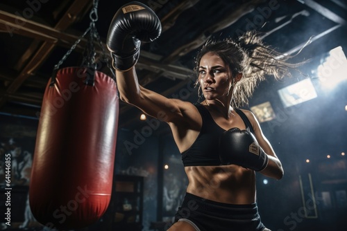 Female boxer hitting a huge punching bag at a boxing studio. Sport match. Generative ai