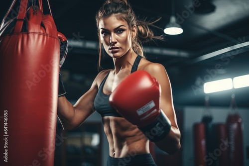 Female boxer hitting a huge punching bag at a boxing studio. Sport match. Generative ai