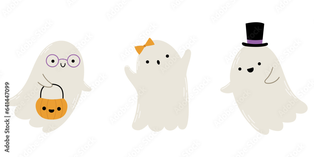Little cute ghost collection, happy halloween. Cartoon ghosts with different characters.