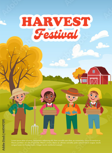 Harvest Festival Poster. Cute Children with harvested vegetables and fruit. Farm or field landscape. Vector illustration in flat style