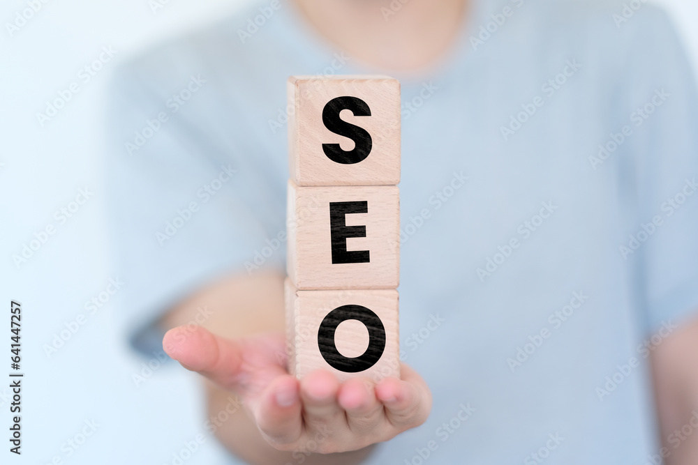 Man holding cubes vertically with SEO text on it, website concept, search engine optimization idea, wooden block cubes with SEO word, banner design - obrazy, fototapety, plakaty 