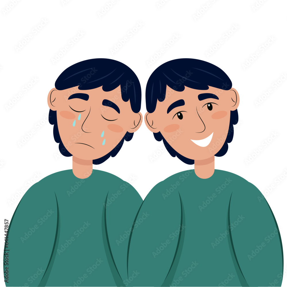 Two opposite states of man. Cheerful and sad young man. Psychological problems, mental health Two opposite states of man. Cheerful and sad young man. Psychological problems, mental health