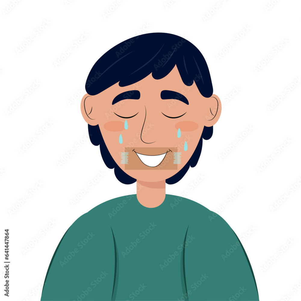 Sad, unhappy young man pretending to be cheerful and smiling. Depression concept. mental health. Smile with strength. Vector illustration of an unhappy girl in a flat style. Sad, unhappy young man pretending to be cheerful and smiling. Depression concept. mental health. Smile with strength. Vector illustration of an unhappy girl in a flat style.
