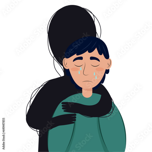 A black silhouette embraces a crying young man. Depression. Psychological illness.