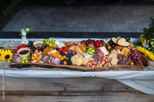 Very large charcuterie board with cheeses, grapes, crackers and salami