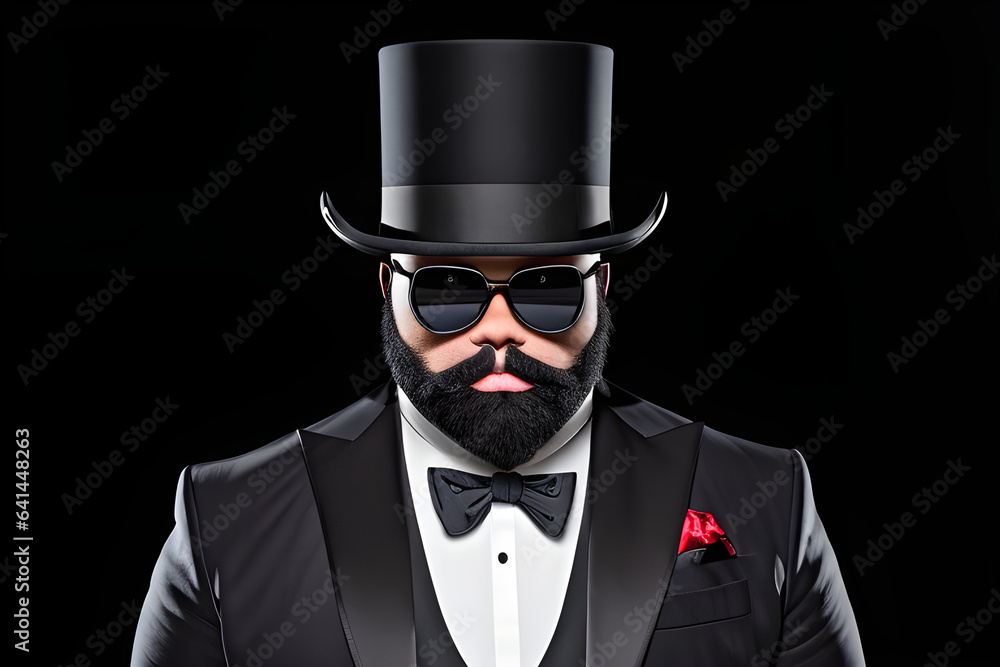 A head shot of a middle aged man in a tuxedo against a black background. The man has facial hair, beard, sunglasses and sunglasses. A head shot of a middle aged man in a tuxedo against a black background. The man has facial hair, beard, sunglasses and sunglasses.