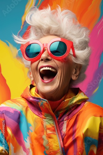 Funny smiling old woman colorful portrait. Generative AI