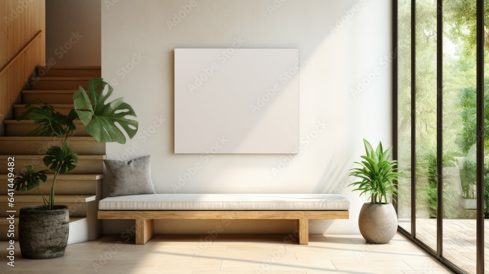 Modern bright interiors illustration empty picture frames mockup on the wall with copy space for text and advertising living room with a large panoramic window and a monstera in a flowerpot Modern bright interiors illustration empty picture frames mockup on the wall with copy space for text and advertising living room with a large panoramic window and a monstera in a flowerpot